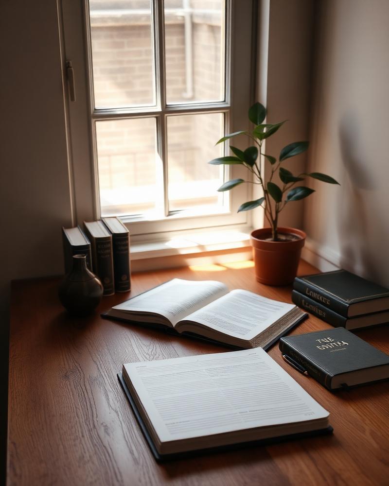 Warm, naturally lit study with notebooks and books